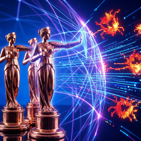 Bronze statues blocking pixelated red virus icons with a glowing digital energy shield.