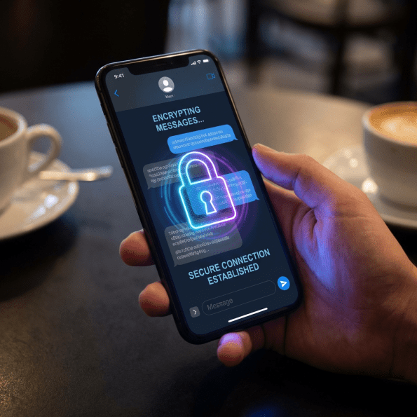 Smartphone screen showing 'ENCRYPTING MESSAGES...', a glowing padlock icon, and 'SECURE CONNECTION ESTABLISHED'.