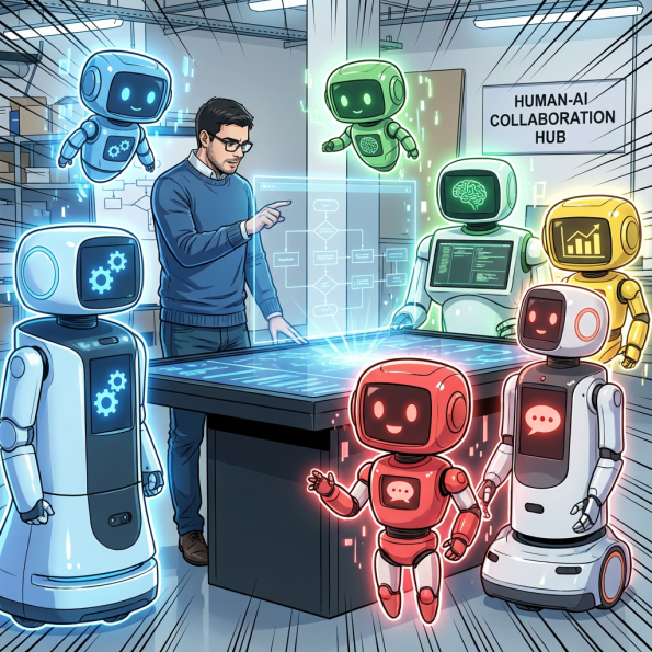 A diverse team and several robots collaborating around a digital touchscreen table with holograms.